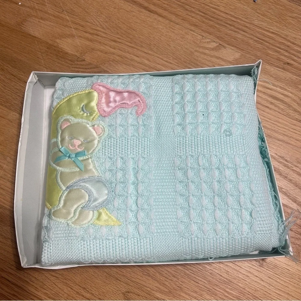 Vintage Light Baby Blanket Pastel Bear Sleeping on Moon Blue Fringe Blue Yellow
